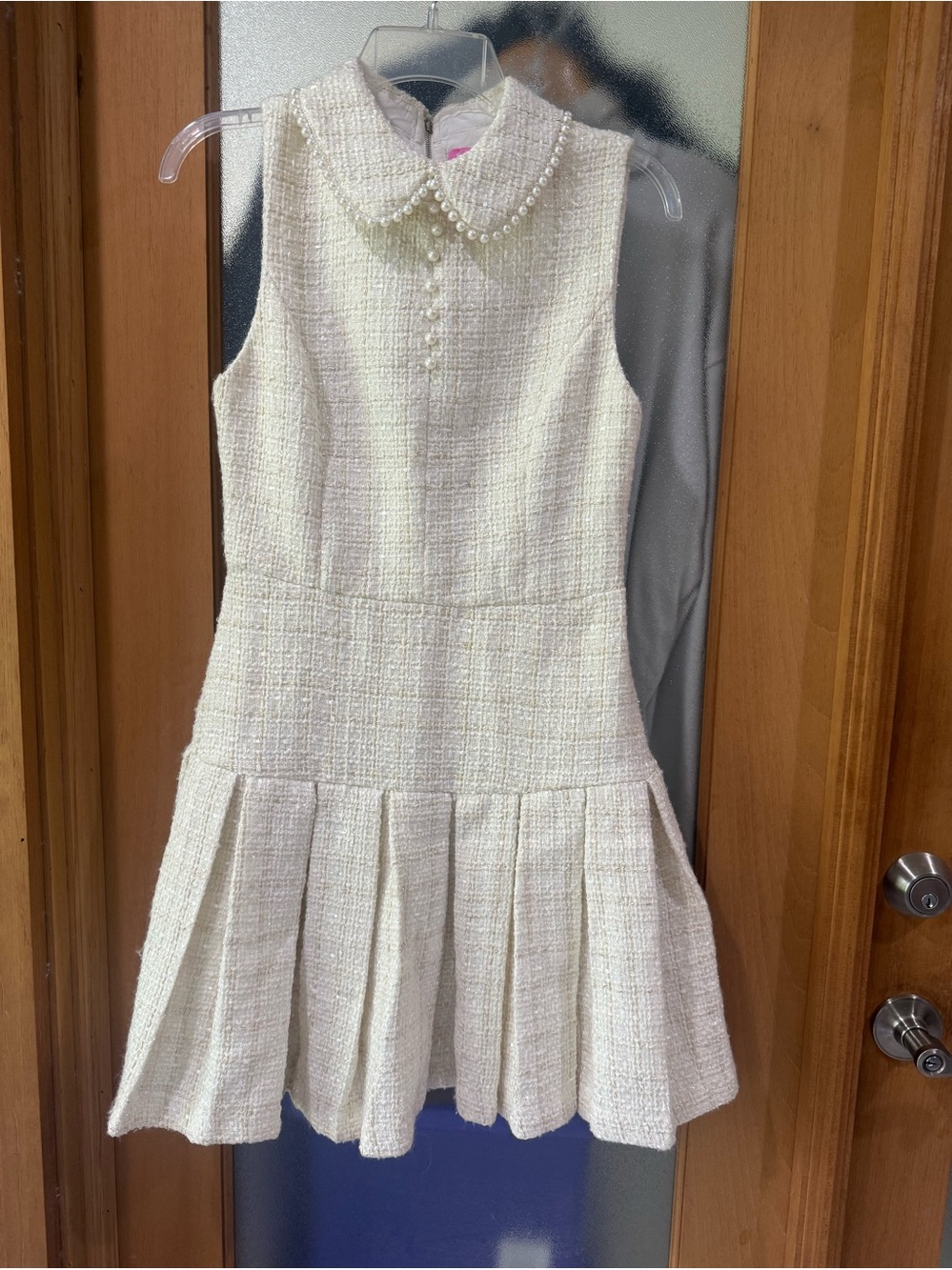 Sincerely Ours - Sleeveless Pearl-Collar Tweed Dress in Cream - Size Small
